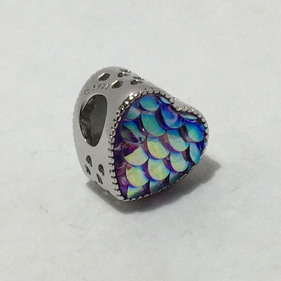 Sterling Silver Charm Heart Bead Iridescent Multicolor Mermaid Fish Scales - Picture 3 of 13